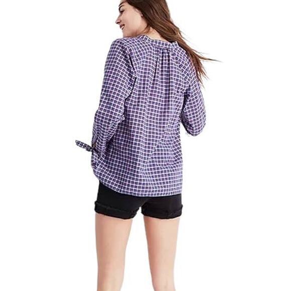 Madewell Womens Plaid Tie-Sleeve Popover Blouse Blue Red NWT Size S Cotton Linen - Picture 7 of 7